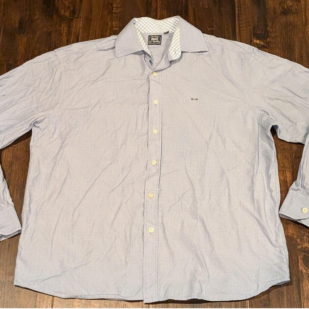 Le Tigre Shirt Mens Large Blue Button Down Long Sleeve Gingham‎ Lined Tiger Logo